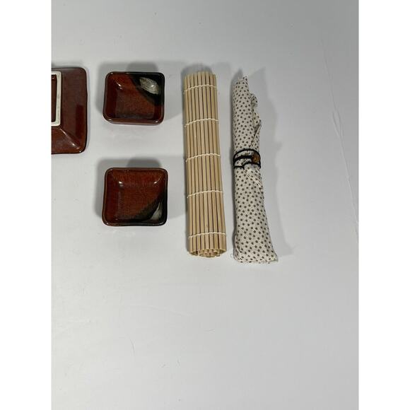 Vintage 12 Pc Hand Painted Japanese Sushi Set Plates Chopsticks Mat Stoneware - Picture 4 of 8